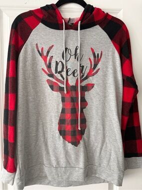 Oh Deer Plaid Sleeve Hoodie Sweatshirt - Gray & Red